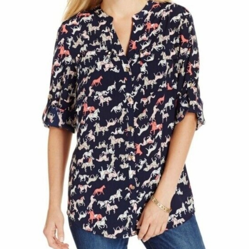 Charter Club Pink Pony Button Down Blouse L NWT